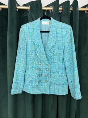 Vintage Cache Tweed Blazer Jacket Aqua Blue Bouclé Gold Button Size 6